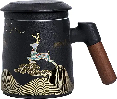 Taza de té de Cerámica con Infusor y tapa Taza de Café Uso Diario y de Oficina, Hecha a mano Pintada con Mango de Madera, Embalaje de Regalo para Familiares y Amigos. 400 ml (negro)  