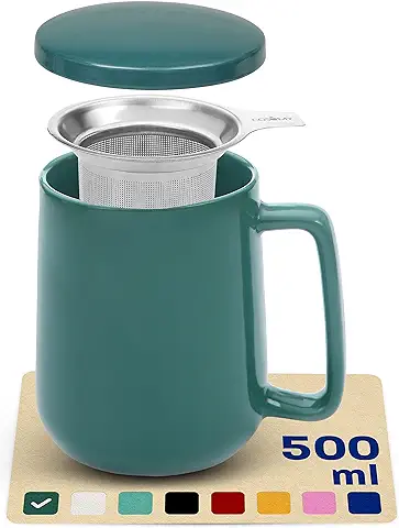 Taza de Te con Filtro y Tapa 500ml Gran - Ceramica - Mantiene Caliente la Infusion - Verde Azulado Brillante  