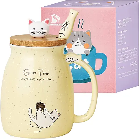 Taza Gato Linda taza de Café de Cerámica con Tapa y Cuchara de Madera Gato Kawaii Taza Matutina Novedosa Tazas de té de Leche de Café Tazas de Gatos para Amantes de los Gatos Mujeres Regalos Amarillo  