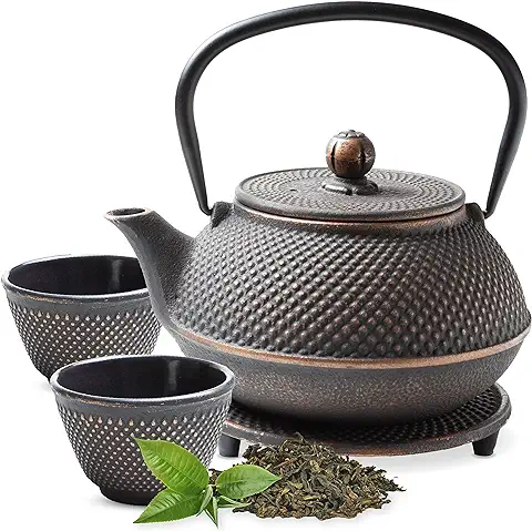 Tealøv TETERA HIERRO FUNDIDO 800 ML SET – SERVICIO DE TÉ COMPLETO de Tetera de Hierro Fundido con Infusor, Tazas de té y Salvamantel – Interno Smaltato - Diseño de Estilo Japonés - Negro/Cobre  