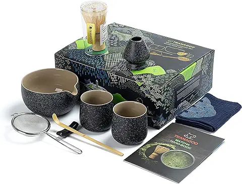 TEANAGOO Juego de Batidor de Matcha, Tazón con pico Vertedor, Cuchara, Soporte, 1 Kit para Hacer Té Japonés (7pcs) + 2 Tazas(7.2oz),S1,Gris Carbón  