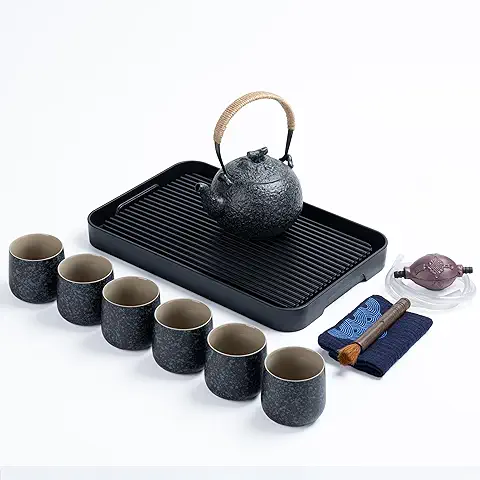 TEANAGOO Juego de té Japonés Completo con Bandeja, gris Carbón, Juego de té de Porcelana China, 1 Tetera (700ml/25oz) + 6 Tazas de Té(205ml/7,2oz),U1, Bandeja de té con tubo de Desagüe  