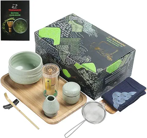 TEANAGOO Juego de té Japonés, Juego de Batidores Matcha, Cuenco Batidor de Bambú Matcha (chasen), pala (chashaku), Soporte para Batidor, O6, Bandeja de té en Polvo de té Verde  