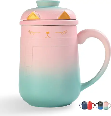 TEANAGOO Taza Infusor de té de Cerámica para Gatos con Tapa, 460 ML, Degradado de rosa a Verde, Gatos y té, Juego de Tazas de Cerámica Japonesas Grandes, taza de té con Tapa, taza Japonesa  