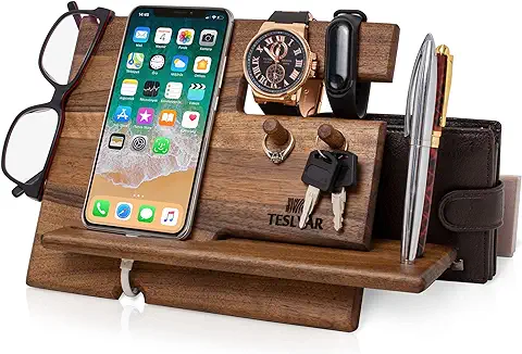 TESLYAR Regalo para Hombres Soporte de Carga para Teléfonos de Madera Organizador Móviles de Nogal Natural con Ganchos Regalo para Hombres Seres Queridos Regalo para Esposo Esposa (Bronce)  