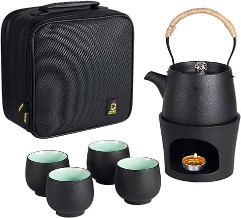 Tetera de Cerámica de Viaje con Calentador de Estufa de té, 6 Piezas, set de Regalo, 4 mini Tazas Chinas Kung Fu Tea Pot de Porcelana, Bolsa Protectora Portátil para Picnic al aire Libre Camping  