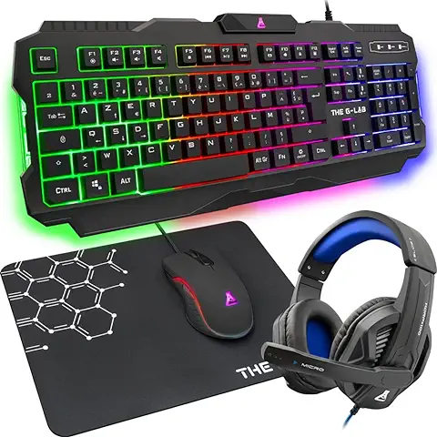 THE G-LAB Combo - Pack Gaming 4 en 1 - Teclado Gaming QWERTY – Incluye Ñ - Retroiluminado, Ratón Gaming de 3200 dpi, Auriculares Gaming, Alfombrilla de Ratón Antideslizante–PC PS4 PS5 Xbox One THE G-LAB Combo - Pack Gaming 4 en 1 - Teclado Gaming QWERTY – Incluye Ñ - Retroiluminado, Ratón Gaming de 3200 dpi, Auriculares Gaming, Alfombrilla de Ratón Antideslizante–PC PS4 PS5 Xbox One