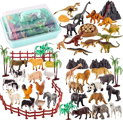 TOEY PLAY 3 en 1 Mini Animales de Juguete, 56 Piezas Animales Granja Selva Dinosaurios Juguete, Coleccion Figuras Animales Educativo Regalo Niños Niñas 3 4 5 6 Años  