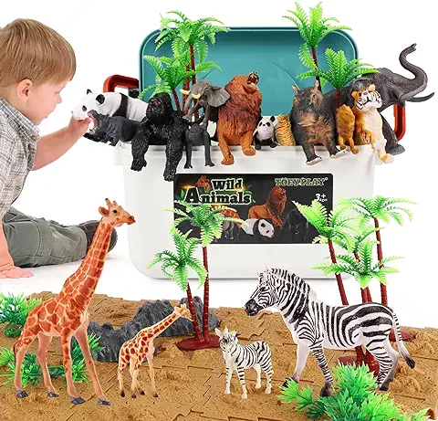 TOEY PLAY Conjunto de Animales de Juguete, 16 Figuras con Puzzle, Maleta, Realistas Animales del Bosque, Selva, Juguetes Educativos Regalo para Niños Niñas de 3+ Años  