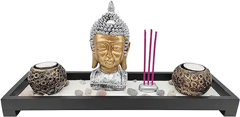 Tradineur - Jardín Zen con Buda, 2 Portavelas e Incienso, Figura de Buda para Meditación, Relajación, Regalo, Incluye Arena y Piedras, 17 x 37,5 x 11 cm  