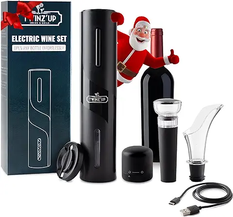 Sacacorchos Eléctrico Recargable 6 en 1 con Corta Cápsula, Boquilla Aireador, Bomba de Vacío, Tapón y Cable USB del Abridor de Vino Electrico - Regalo Hombre para Amantes del vino  