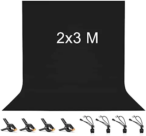 Vevelux Fondo de Fotografía de 2 x 3M, Fondo Fotográfico de 100% Poliéster con 8 Pinzas Grandes de Estudio, Pantalla Negro para Fotografía, Video, Estudio, Cine, Televisión  