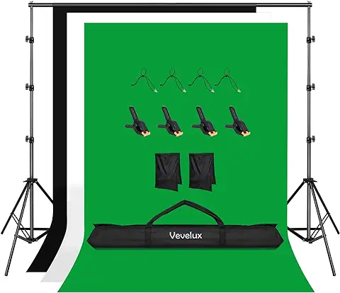Vevelux Kit de Soporte para Fondos 2,6 X 3 M Ajustable, Portafondos con 3 Telones de Fondo de Poliéster (Blanco, Negro, Verde) y 8 Pinzas para Estudio Fotográfico, Videos y Retratos  