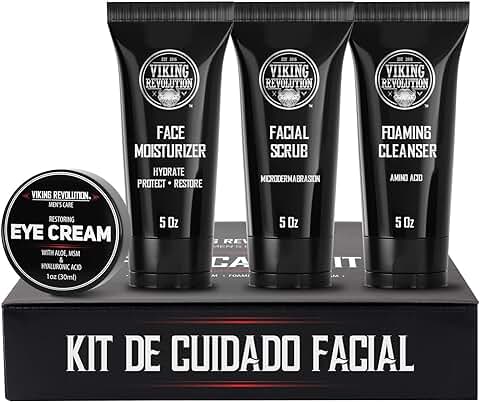 Viking Revolution Kit Cuidado de la Piel Hombres - Incluye Crema Facial Hidratante Rejuvenedora (142g), Exfoliante Facial (142g), Espuma Limpiadora (142g), Crema para los Ojos (29g)  