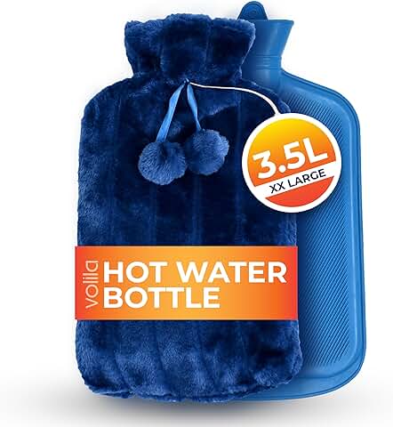 Volila Bolsa de Agua Caliente, Formato XXL, 3,5 L - 1 Bolsa de Agua Caliente Grande de Color Azul - Bolsa de Agua con Funda de Pelo Sintético, Perfecto para Aliviar el Dolor - Idea Regalo para Navidad  