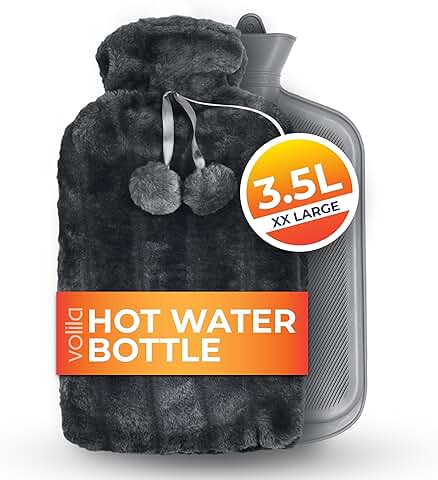 Volila Bolsa de Agua Caliente, Formato XXL, 3,5 L - 1 Bolsa de Agua Caliente Grande de Color Gris - Bolsa de Agua con Funda de Pelo Sintético, Perfecto para Aliviar el Dolor - Idea Regalo para Navidad  