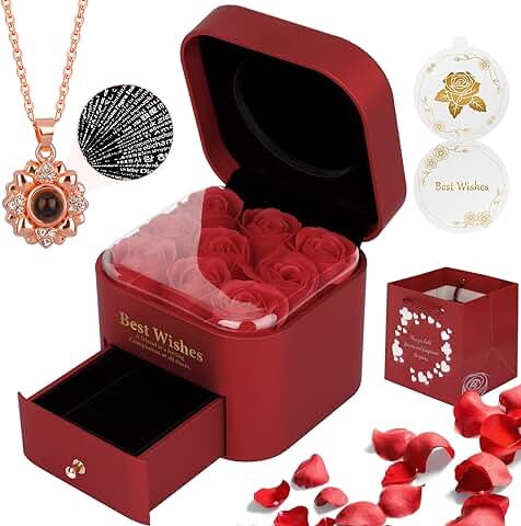 Vopojiake Rosa Eterna, Regalo Original Rosa Sant Jordi Mujer, Rosas Caja Regalo con Collar Tarjeta De Felicitación, Regalo Dia de la Madre, Originales para Mujer Mama, Aniversario Cumpleaños - Rojo  