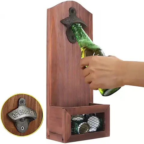 Walbison Abridor de Cerveza con Coleccionista de Corcho de Corona, Abridor de Madera de Pared Retro, Elevador de Cápsulas de Abridor Multifuncional de Bar, Regalo para Hombres  