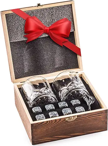Whisky Piedras Set de Regalo y 2 Vasos de Whisky - Sea Diferente a la Hora de Elegir un Regalo - Reutilizables Cubitos de Hielo - 8 Whisky Rocks de Granito - Amerigo Whiskey Stones Gift Set  