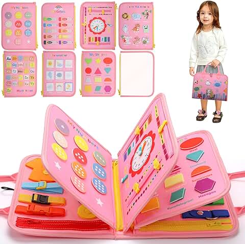 Wikay Tablero Sensorial Montessori Busy Board Juguetes Montessori para Niños 1 2 3 4 Años, Juguetes Educativos Sensoriales de Desarrollo de Habilidades Motoras Finas para Regalos de Niños (Rosa)  