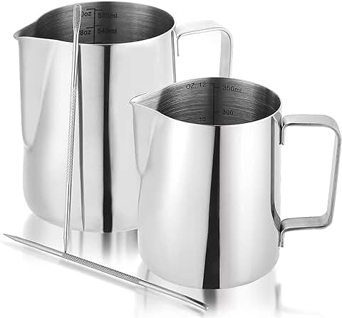 WUWEOT 2pzs Jarra de Leche de Acero Inoxidable 350/600 ml Jarra con Marca de Medición y Bolígrafo Latte Art Taza de Café Espumador de Leche y Latte Jarra Leche para Capuchino (Plata)  