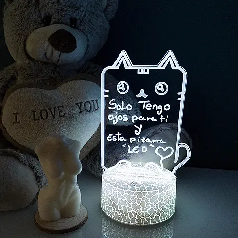 XpertHomeZ Lampara Personalizada para Escribir Mensajes - Pizarra Led con Mando a Distancia y Rotulador - Diseño de Gatito  