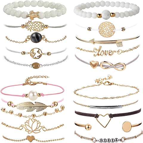 YADOCA 20 Piezas Conjunto Pulseras para Mujer Niña Múltiple Pulsera Lotus Infinito Piña Mapamundi Brazalete Ajustable Pulsera Bolas Joyas Pulseras Boho Regalos  