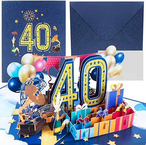 40 año Tarjetas Pop Up 3d Cumpleaños, Azul Tarjeta Cumpleaños Pop-Up 40, Tarjetas de Felicitación de Cumpleaños para Hombres y Mujeres, 3D Felicitación de Aniversario con Sobre  