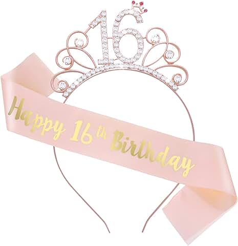 Abeillo Banda de Cumpleaños y Tiara de Diamantes de Imitación para Niñas, Banda de Satén de Cumpleaños, Corona de Cristal de oro rosa  