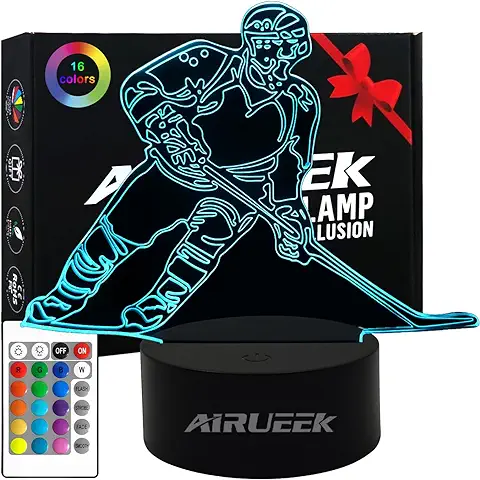 AIRUEEK Luz Nocturna De Hockey Sobre Hielo Para Niños, 3d Luz de Noche Hockey LED Lámpara con Control Remoto, Idea Regalos para Navidad, Cumpleaños, Comunión para Niños, Niñas  