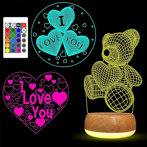 ALEENFOON Lampara 3D Illusions, 16 Colores Cambio Lampara Corazon Ideas Regalos San Valentin para Novio Novia Parejas Hombre Mujer Regalos Cumpleaños de Aniversario (Incluye 3 Patrones)  