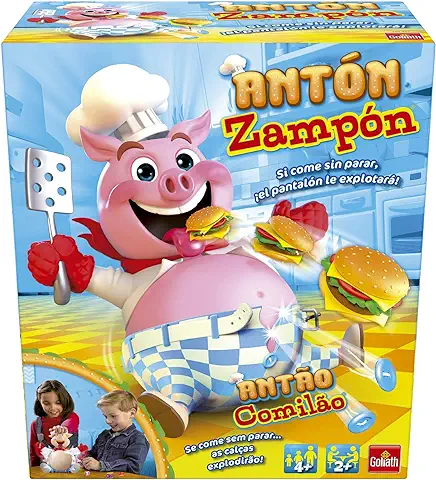 Antón Zampón, Juego De Mesa. Si come sin Parar el Cinturón Explotará. Juego para Niños a Partir de 4 Años. Cerdito come Hamburguesas.  