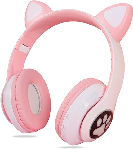 Auriculares Niños Bluetooth Inalambricos, Auriculares Niña Gato Rosa, Auriculares Over Ear Bluetooth Plegables Niña, Cascos Diadema con Microfono/LED, Regalo Niños para Cumpleaños Navidad (Rosa)  