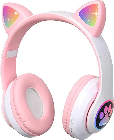 Auvstar Auriculares Rosa Bluetooth para Niños con Micrófono Cascos Diadema Oreja Gato Led Light Cat Ear Auriculares Plegable Inalámbricos Regalo para Niños Niña Cumpleaños Navidad (Rosa)  