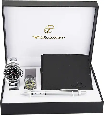 BELLOS Caja de Regalo Reloj Hombre Negro - Lámpara LED - Billetera -Bolígrafo  