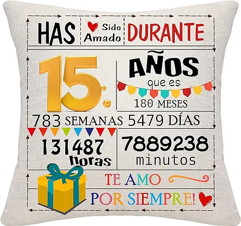 Bommex Regalo de 15 Cumpleaños Funda de Cojín para 15 Años Niñas Niños Regalo de 15 Cumpleaños 15 Años Decoraciones de Regalo (15)  