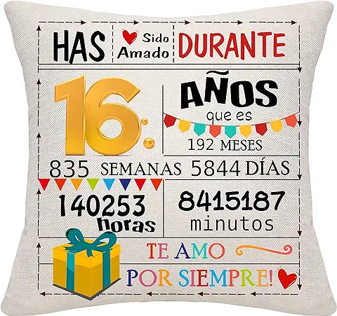 Bommex Regalo de 16 Cumpleaños Funda de Cojín para 16 Años Niña Niño Regalo para 16 Cumpleaños 16 Años Decoraciones de Regalo (16)  