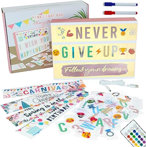 BONNYCO Caja de Luz A4 Oro Rosa 16 Colores con 400 Letras y Emojis, 10 Tarjetas Premium, Mando 2 Rotuladores Ñ y Ç | Cartel Luminoso LED Regalos Originales para Mujer Regalos para Niñas Navidad  