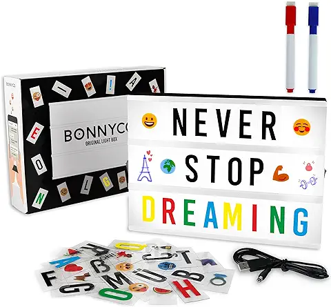 BONNYCO Caja de Luz LED A4 con 400 Letras, Divertidos Emojis y 2 Rotuladores | Ñ y Ç Incluidas | Light Box Ideal para Decoración Vintage en Hogar, Habitación | Regalo Original Navidad y Cumpleaños  