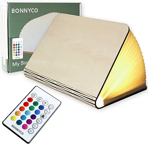 BONNYCO Lampara Libro Plegable de Madera con Mando, 16 Colores y Temporizador Lamparas Mesilla de Noche Ideal Decoracion Casa y Habitacion | Regalo Original Cumpleaños, Navidad y Amigo Invisible  