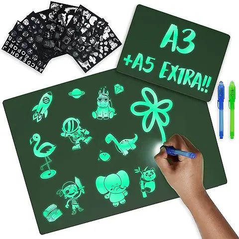 BONNYCO Pizarra Mágica con Luz A3 y A5, 6 Plantillas, 2 Bolis Espía Juguetes para Niñas y Niños 3 4 5 6 7 8 9 10 11 Años | Pizarra Luminosa, Regalos para Niños Originales Cumpleaños y Navidad  