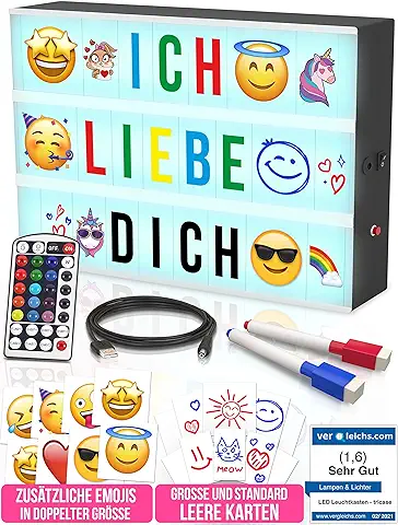 Caja de Luz Mensaje con 254 Letras y Emojis - 8 Emojis XXL, Mando a Distancia, USB 1,5 m, 2 Marcadores - Caja de Luz 16 Colores, Decoración Hogar | Idea de Regalo de Cumpleaños y Navidad de mesa d luz  
