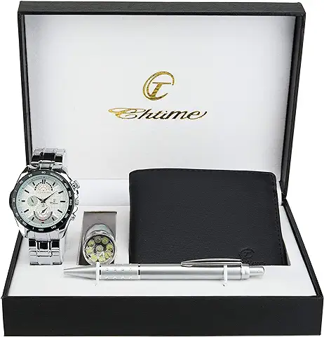 Caja de Regalo Reloj Hombre Blanco- Lámpara LED- Billetera -Bolígrafo  