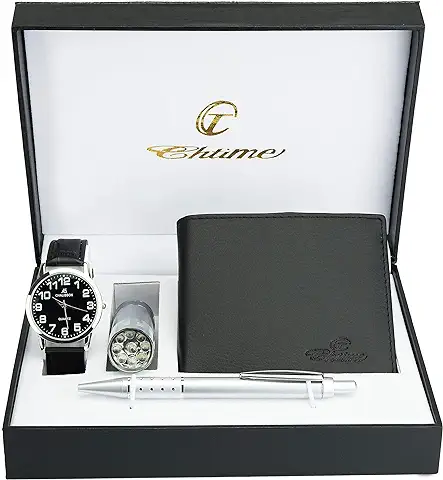 Caja de Regalo Reloj Hombre Negro - Lámpara LED - Billetera - Bolígrafo  