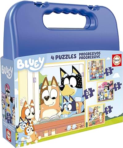 Educa - Set de Cuatro Puzzles Progresivos de 12 a 25 Piezas con los Personajes de Bluey | Presentados en una Magnífica Maleta para Poder Guardarlos. Recomendamos a Partir de 3 Años (19830)  