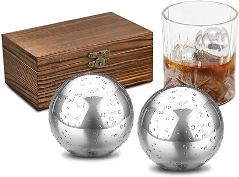 EooCoo Set de Piedras Whisky, Regalos Originales para Hombre, Accesorios de Whiskey, Pack Regalo de Personalizados Navidad para Padre, 2 Bolas Cubitos Hielo Reutilizables + Pinzas + Caja de Madera  