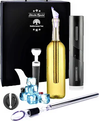 Estuche Regalo Sacarcorchos Eléctrico + Enfriador de Botellas de Vino Acero Inoxidable +Kit de vino y Accesorios Originales + Cortacápsulas Aireador y Tapón de Vacío  