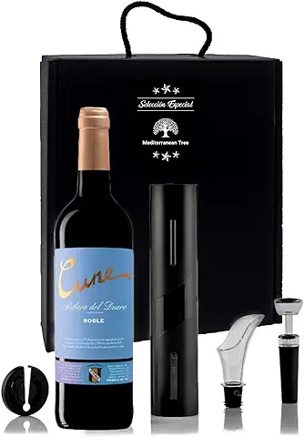 Estuche Regalo Vino Tinto con Sacarcorchos Eléctrico + kit para Botellas de vino y Accesorios Originales + Cortacápsulas Aireador y Tapón de Vacío  