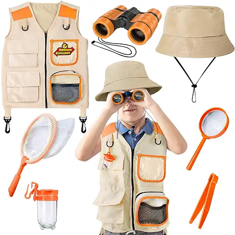 Kit de Exploración para Niños con Chaleco de Safari, Sombrero de Safari y Prismáticos para Niños, Equipo de Acampada para Niños con kit de Exploración de Escarabajos, gran Juguete para  