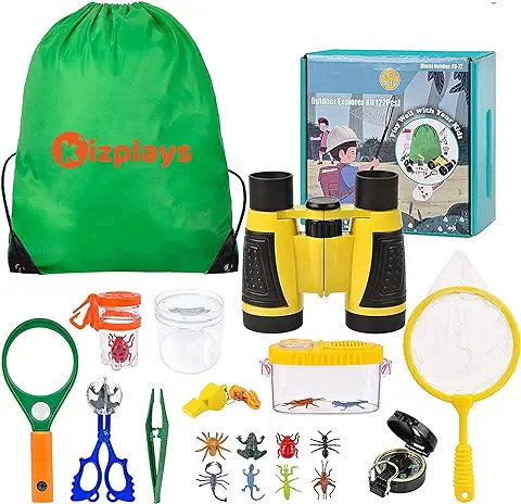 Kizplays Kit de Exploración para Niños 22 en 1, Juego de Explorador para Niños para Niños Prismáticos/Binoculares, Silbato, Brújula, Lupa, 6 Arañas Plasticas, Regalo para Navidad, los Reyes  